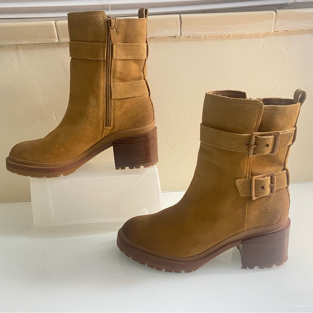 Naturalizer Trina Brown Suede Buckles Block Heels Combat Ankle Boots Size 81/2